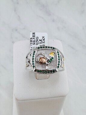925 Sterling Silver Rooster ring | Three -Tone Rooster | Green | Farm SZ 10